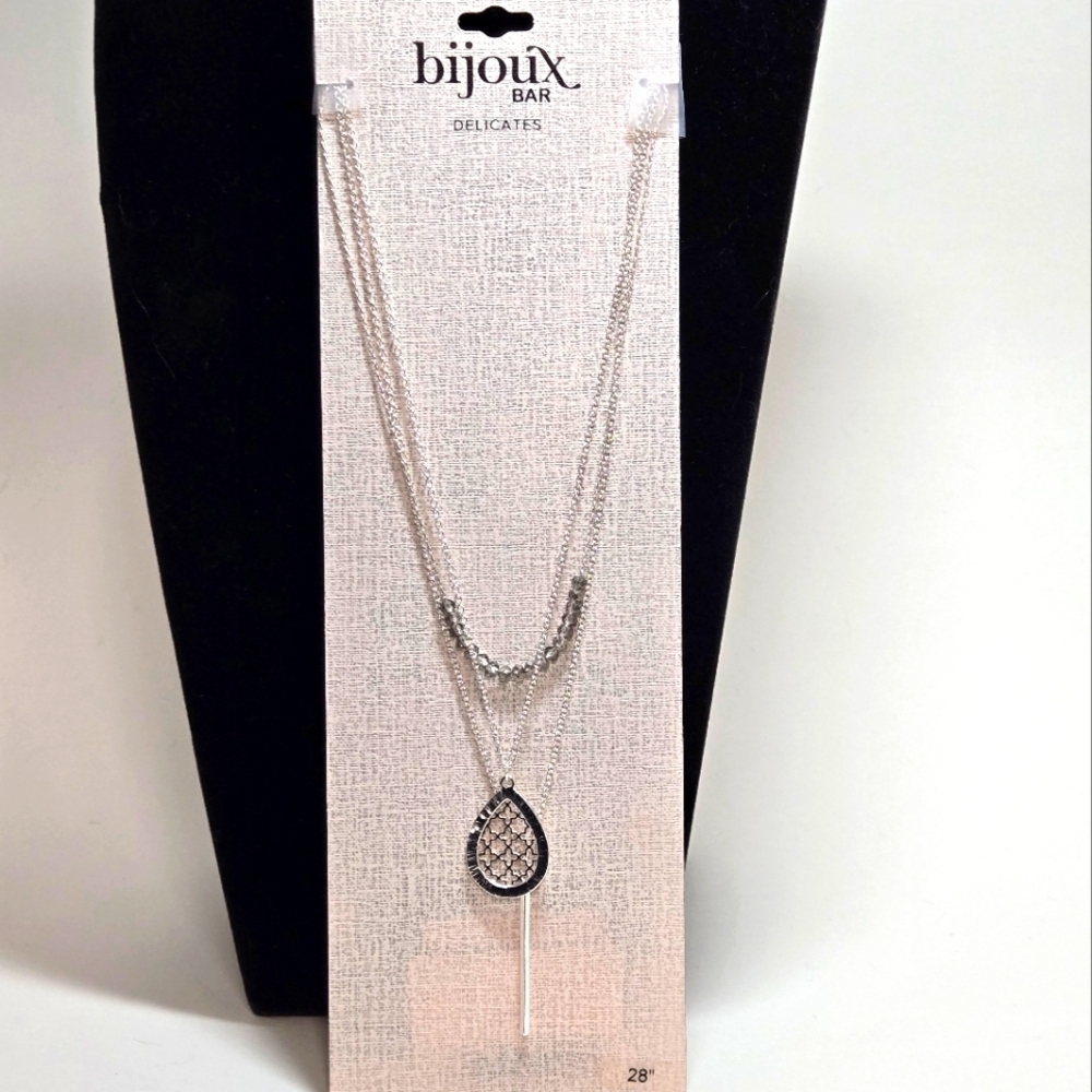 NWT Silver Tone Necklace 28" Multi Chains Bar and Oval Pendants AB Sparkle Beads